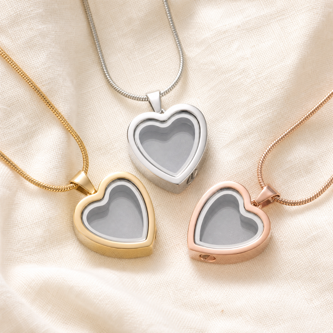 Memorial necklace finishes — rose gold, silver, gold